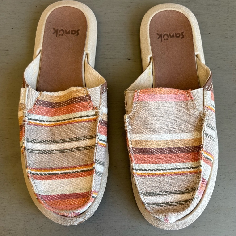 Sanuk You Got My Back Striped Tan Orange Slip-On Shoes Mules Women Sz 8 Casual